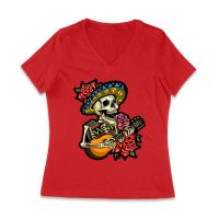 Dia de Muertos Skeleton T-Shirt with Guitar and Red Roses, Perfect for Day of the Dead Celebration Women Jersey V-Neck