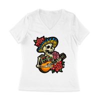 Dia de Muertos Skeleton T-Shirt with Guitar and Red Roses, Perfect for Day of the Dead Celebration Women Jersey V-Neck