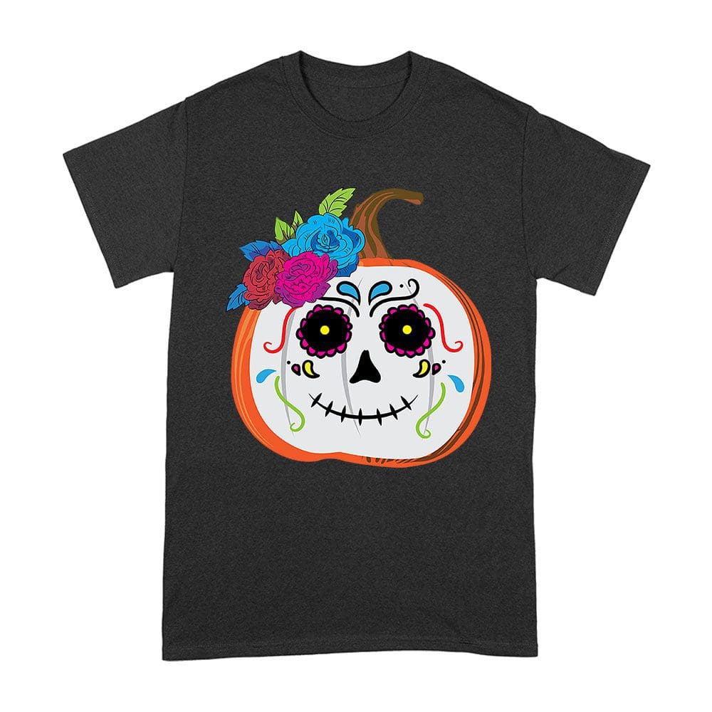 Ddmt-10_A-Black.jpg Unique Pumpkin Shape Skull T-Shirt, Perfect For Fall And Dia De Muertos Celebrations Unisex Adult – Viva Party