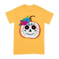 Unique Pumpkin Shape Skull T-Shirt, Perfect for Fall and Dia de Muertos Celebrations Unisex Adult