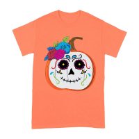 Unique Pumpkin Shape Skull T-Shirt, Perfect for Fall and Dia de Muertos Celebrations Unisex Adult