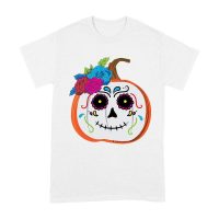 Unique Pumpkin Shape Skull T-Shirt, Perfect for Fall and Dia de Muertos Celebrations Unisex Adult
