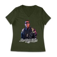 Daddy Yankee Collage T-Shirt with Multiple Action Poses and Signature Women Jersey V-Neck