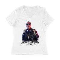 Daddy Yankee Collage T-Shirt with Multiple Action Poses and Signature Women Jersey V-Neck