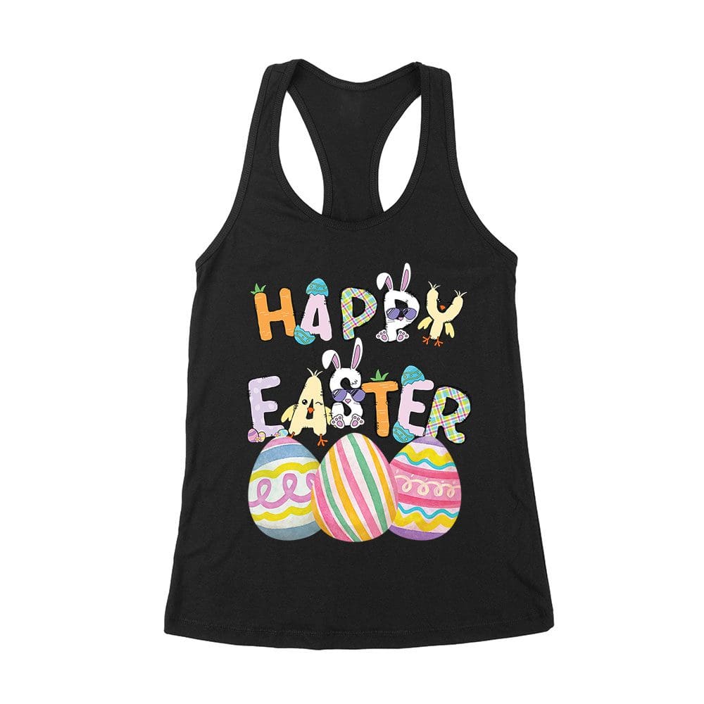 East-01_Wrtt-Black.jpg Happy Easter T-Shirt - Cute Bunny, Colorful Eggs &Amp;Amp; Spring Holiday Outfit For Men, Women &Amp;Amp; Kids Women'S Racerback Tank Top – Viva Party
