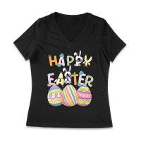 Happy Easter T-Shirt - Cute Bunny, Colorful Eggs & Spring Holiday Outfit for Men, Women & Kids Women Jersey V-Neck – Viva Party