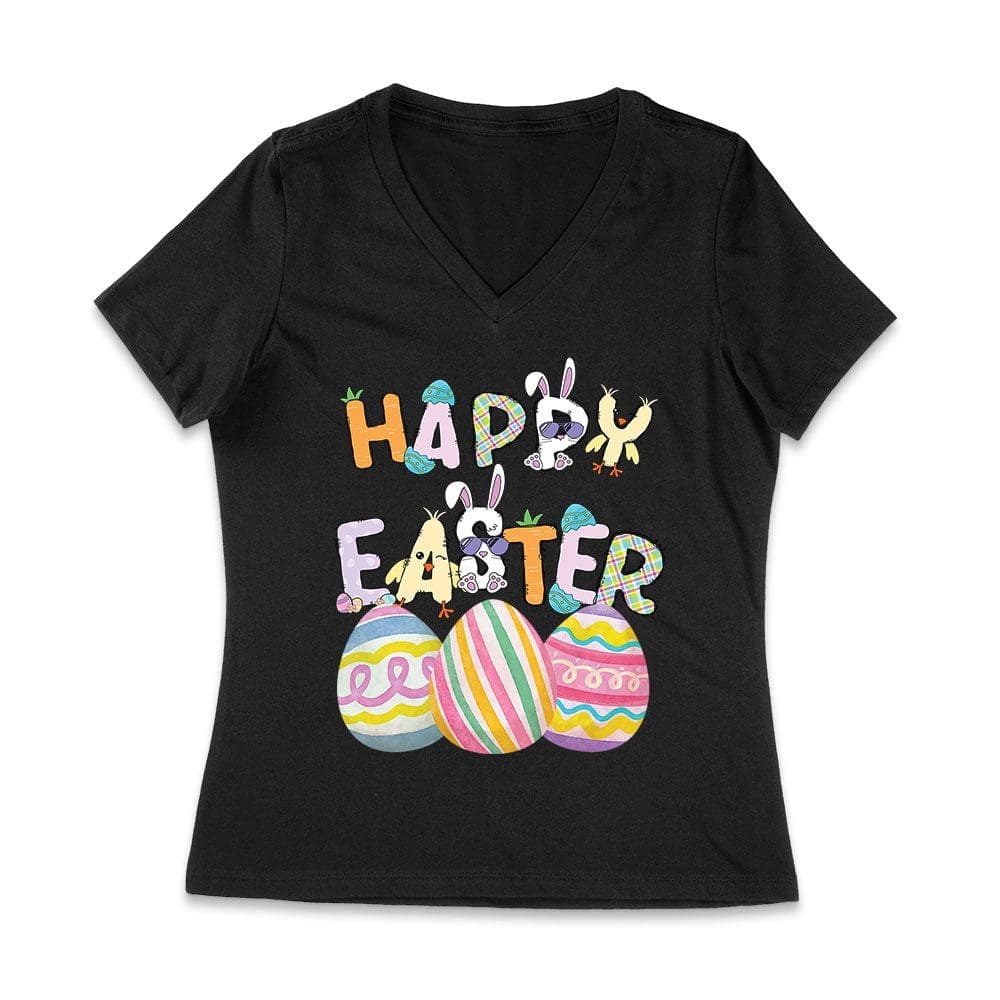 East-01_Wvn-Black.jpg Happy Easter T-Shirt - Cute Bunny, Colorful Eggs &Amp;Amp; Spring Holiday Outfit For Men, Women &Amp;Amp; Kids Women Jersey V-Neck – Viva Party