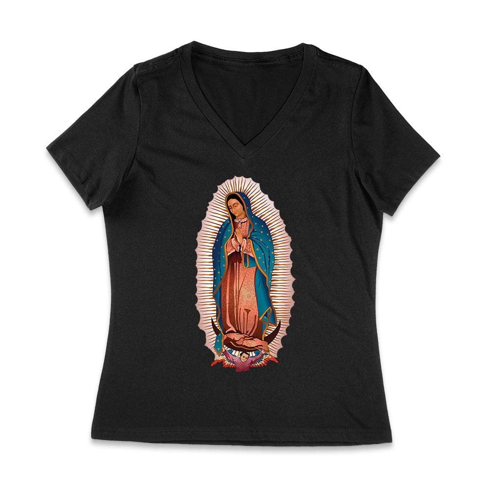 Glt-11_Wvn-Black.jpg Our Lady Of Guadalupe Virgin Mary T-Shirt - Beautiful Catholic Faith Tee For Women, Religious Devotional Apparel, Spiritual Gift Women Jersey V-Neck – Viva Party