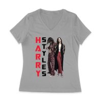 Vertical Text Red-Black Hary-Styls T-Shirt with Stylish Pose Women Jersey V-Neck
