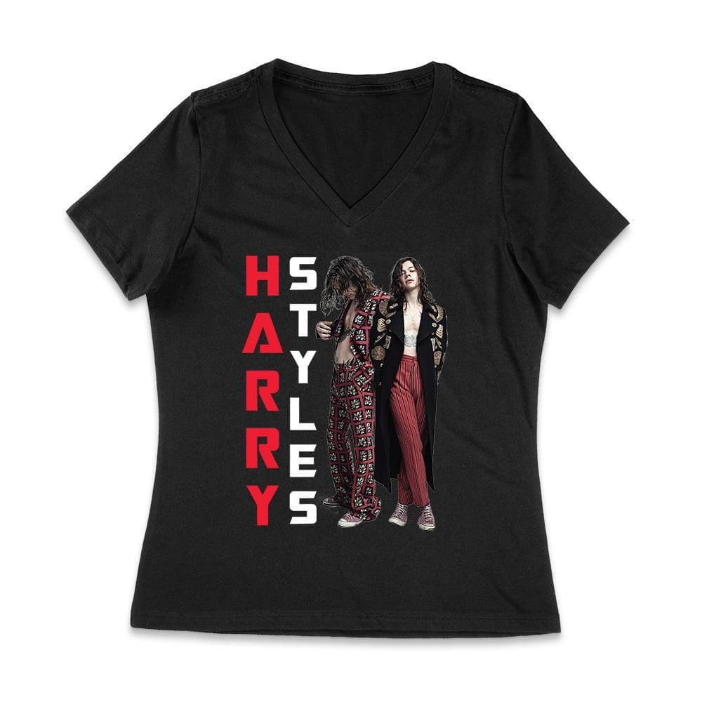 Has-06_Wvn-Black.jpg Vertical Text Red-Black Hary-Styls T-Shirt With Stylish Pose Women Jersey V-Neck – Viva Party