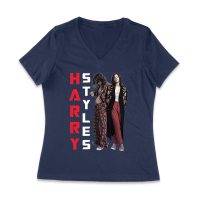 Vertical Text Red-Black Hary-Styls T-Shirt with Stylish Pose Women Jersey V-Neck