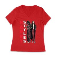 Vertical Text Red-Black Hary-Styls T-Shirt with Stylish Pose Women Jersey V-Neck