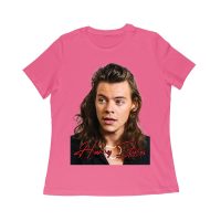 Close-Up Face Hary-Styls Fan Art Tee with Signature Script Font Women Relaxed