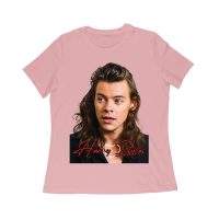 Close-Up Face Hary-Styls Fan Art Tee with Signature Script Font Women Relaxed