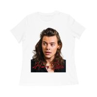 Close-Up Face Hary-Styls Fan Art Tee with Signature Script Font Women Relaxed