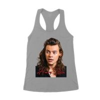 Close-Up Face Hary-Styls Fan Art Tee with Signature Script Font Women's Racerback Tank Top