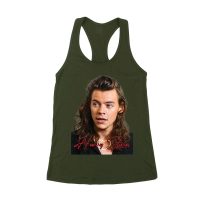 Close-Up Face Hary-Styls Fan Art Tee with Signature Script Font Women's Racerback Tank Top