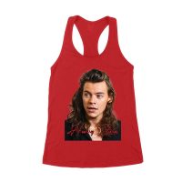 Close-Up Face Hary-Styls Fan Art Tee with Signature Script Font Women's Racerback Tank Top
