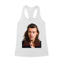 Close-Up Face Hary-Styls Fan Art Tee with Signature Script Font Women's Racerback Tank Top
