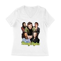 Group Expressions Collage Hary-Styls T-Shirt with Artistic Layout Women Jersey V-Neck