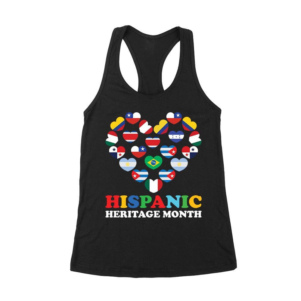 His-04_Wrtt-Black.jpg Hispanic Heritage Month T-Shirt - Country Flags In Heart Unity Design Women'S Racerback Tank Top – Viva Party