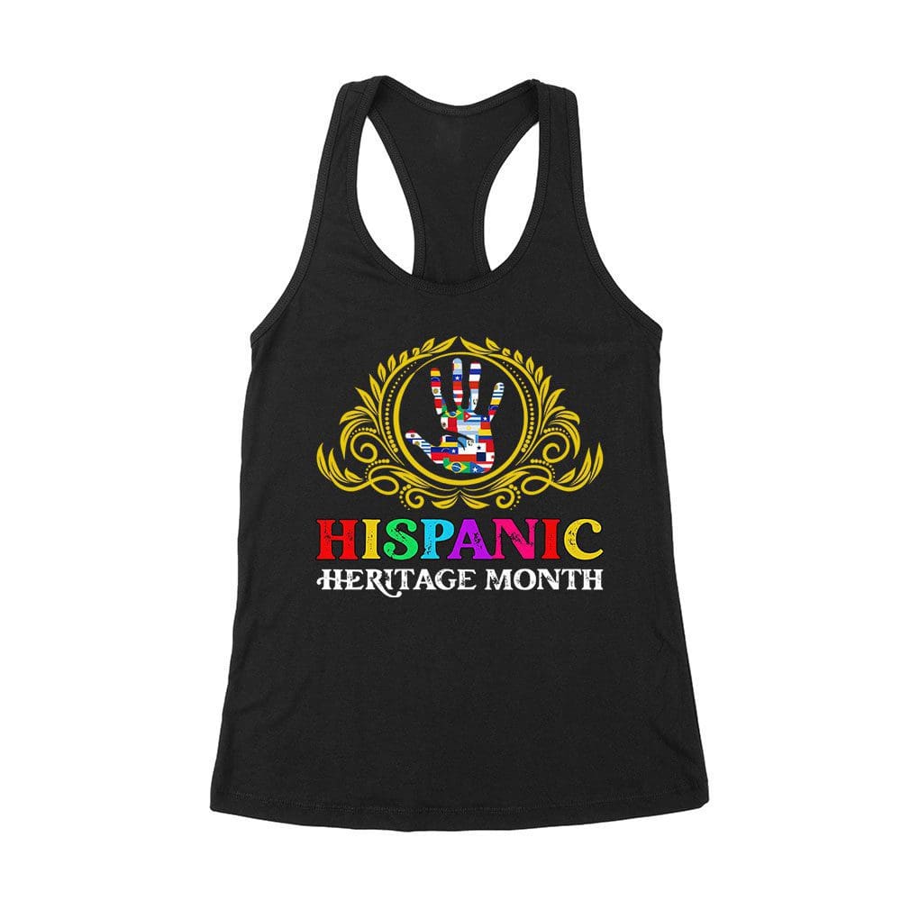 His-05_Wrtt-Black.jpg Hispanic Heritage Month T-Shirt - Country Flags In Hand Design Women'S Racerback Tank Top – Viva Party