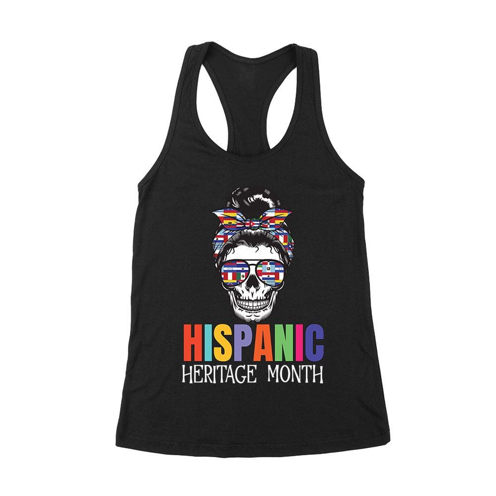 His-08_Wrtt-Black.jpg Hispanic Heritage Month Skeleton Woman With Sunglasses &Amp;Amp; Scarf - Country Flags Design Women'S Racerback Tank Top – Viva Party