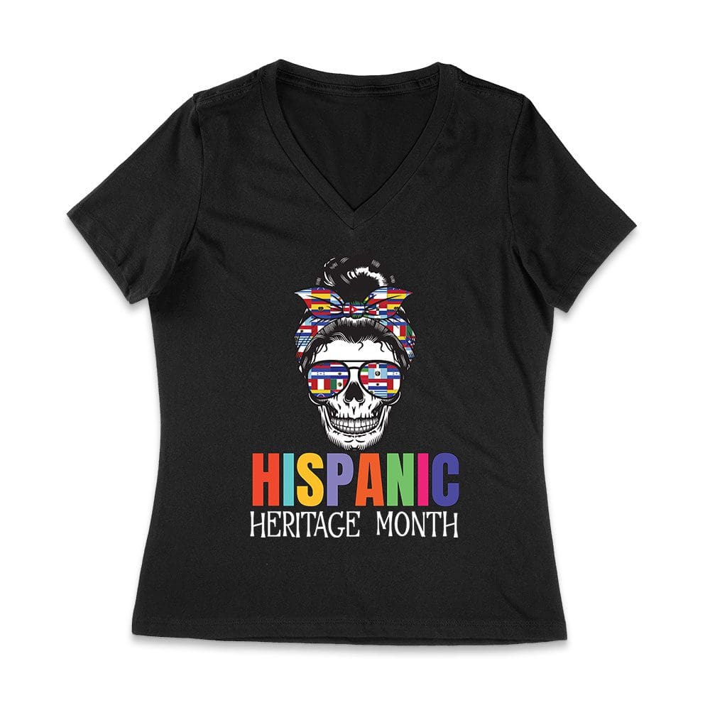 His-08_Wvn-Black.jpg Hispanic Heritage Month Skeleton Woman With Sunglasses &Amp;Amp; Scarf - Country Flags Design Women Jersey V-Neck – Viva Party