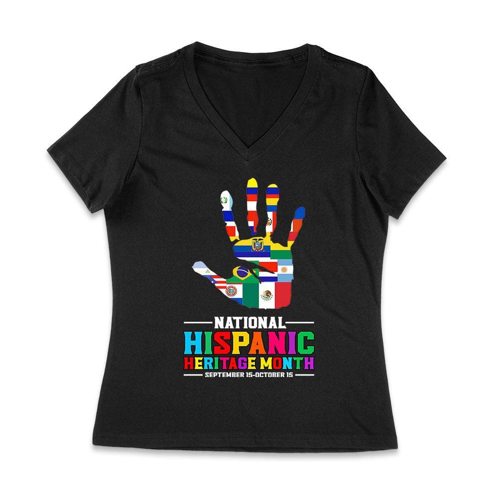 His-11_Wvn-Black.jpg Celebrate National Hispanic Heritage Month: Hand With Country Flags T-Shirt Women Jersey V-Neck – Viva Party
