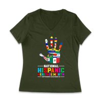 Celebrate National Hispanic Heritage Month: Hand with Country Flags T-Shirt Women Jersey V-Neck