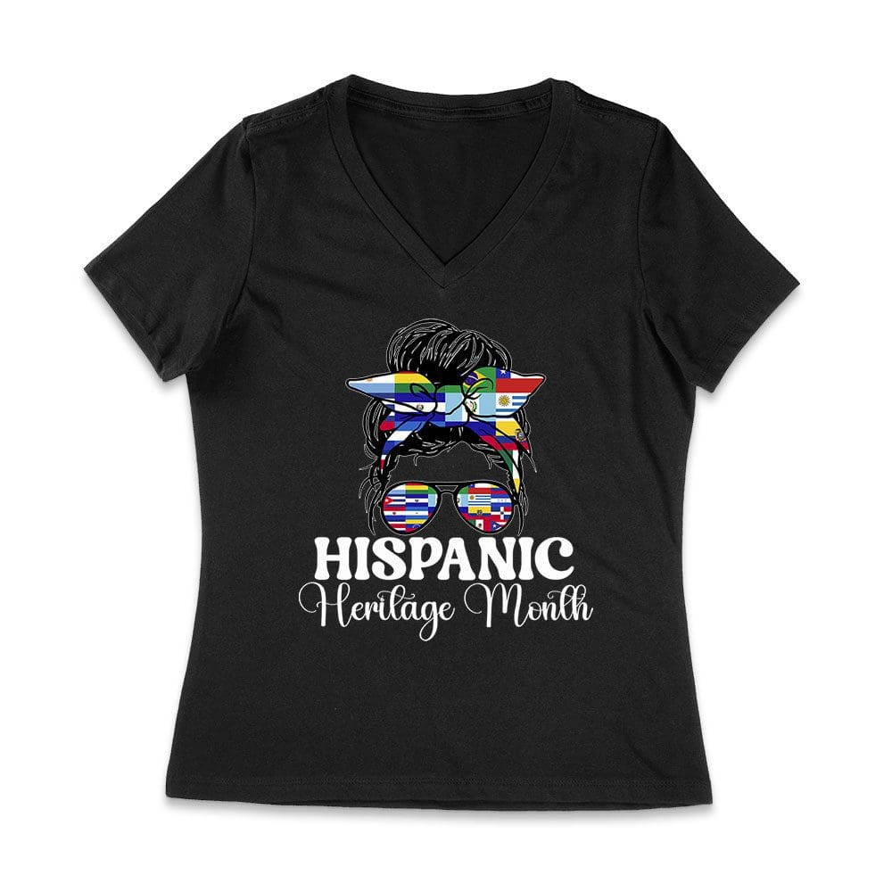 His-12_Wvn-Black.jpg Hispanic Heritage Month Bun &Amp;Amp; Shades With Latin American Flags Women Jersey V-Neck – Viva Party