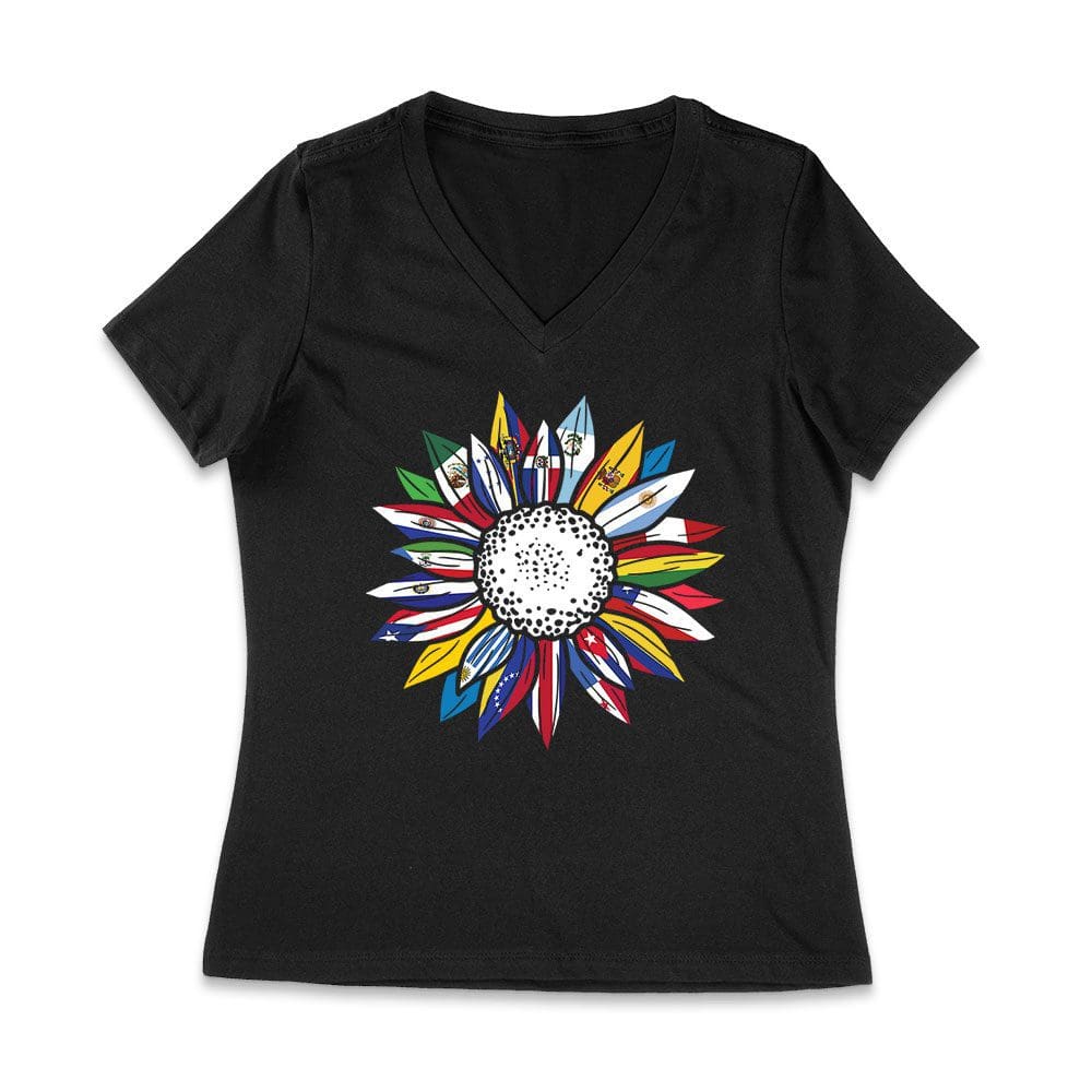 His-15_Wvn-Black.jpg Vibrant Hispanic Heritage Month T-Shirt: Flower Design With Country Flags Women Jersey V-Neck – Viva Party