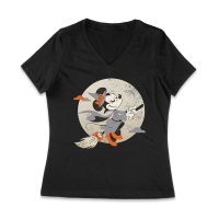 Cute Cartoon Witch Riding Besom T-Shirt - Fun Halloween Moon Background Tee Women Jersey V-Neck – Viva Party