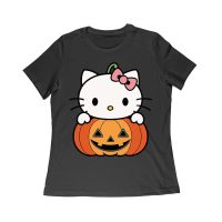 Adorable Hello Kitty on a Pumpkin Halloween T-Shirt ? Cute and Spooky Cat Design Women Relaxed – Viva Party