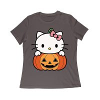 Adorable Hello Kitty on a Pumpkin Halloween T-Shirt ? Cute and Spooky Cat Design Women Relaxed