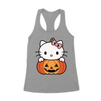 Adorable Hello Kitty on a Pumpkin Halloween T-Shirt ? Cute and Spooky Cat Design Women's Racerback Tank Top