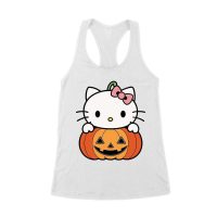 Adorable Hello Kitty on a Pumpkin Halloween T-Shirt ? Cute and Spooky Cat Design Women's Racerback Tank Top