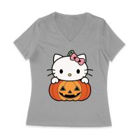 Adorable Hello Kitty on a Pumpkin Halloween T-Shirt ? Cute and Spooky Cat Design Women Jersey V-Neck