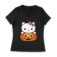 Adorable Hello Kitty on a Pumpkin Halloween T-Shirt ? Cute and Spooky Cat Design Women Jersey V-Neck – Viva Party