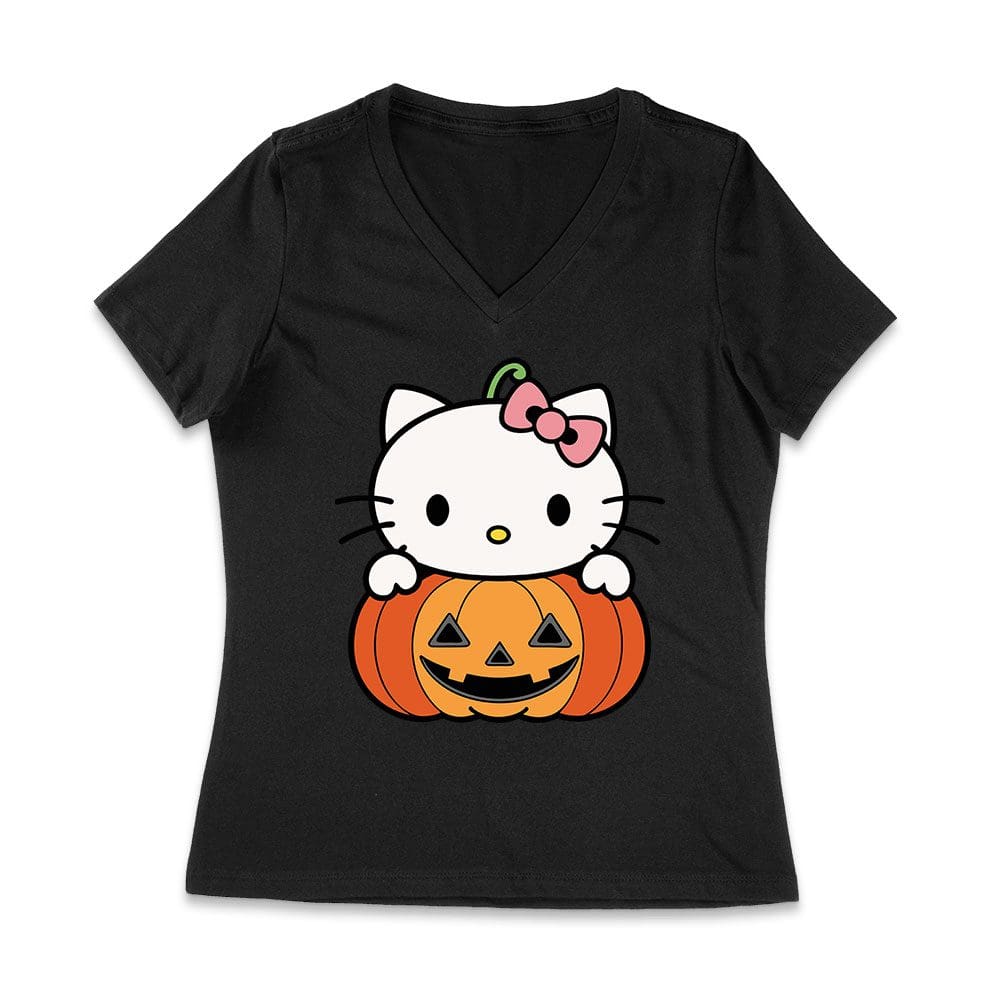 Hw-51_Wvn-Black.jpg Adorable Hello Kitty On A Pumpkin Halloween T-Shirt ? Cute And Spooky Cat Design Women Jersey V-Neck – Viva Party