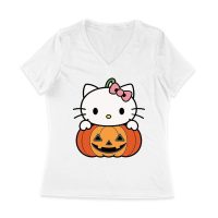 Adorable Hello Kitty on a Pumpkin Halloween T-Shirt ? Cute and Spooky Cat Design Women Jersey V-Neck