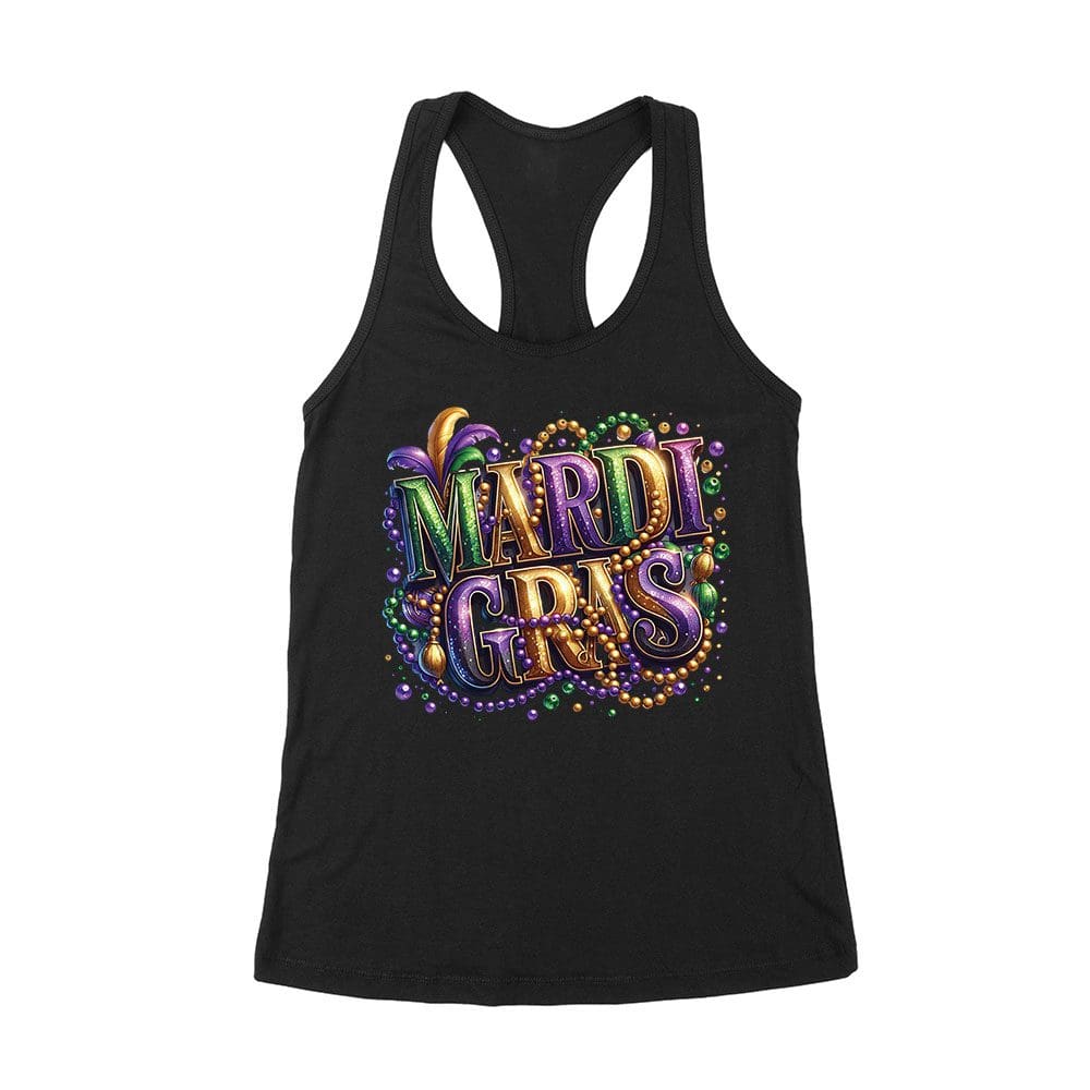 Mar-T13_Wrtt-Black.jpg Mardi Gras T-Shirt - Vibrant Festive Design, Colorful Beads &Amp;Amp; Feathers, Party Outfit For Fat Tuesday, New Orleans Carnival Celebration Women'S Racerback Tank Top – Viva Party