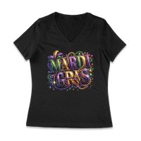 Mardi Gras T-Shirt - Vibrant Festive Design, Colorful Beads & Feathers, Party Outfit for Fat Tuesday, New Orleans Carnival Celebration Women Jersey V-Neck – Viva Party