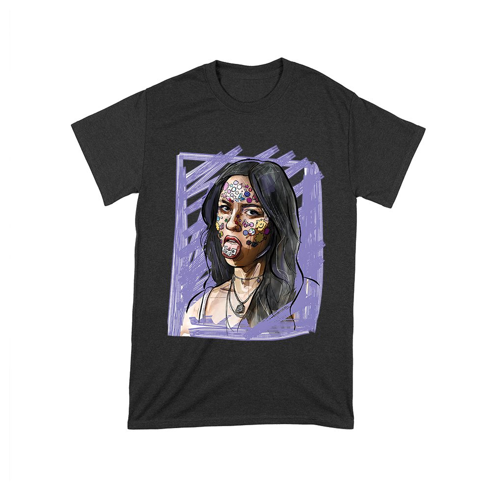 Olr-01_T-Black.jpg Edgy Olivia Rodrigo T-Shirt With Purple Sketch And Sticker Face Details Unisex Toddler – Viva Party