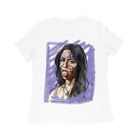 Edgy Olivia Rodrigo T-Shirt with Purple Sketch and Sticker Face Details Women Relaxed