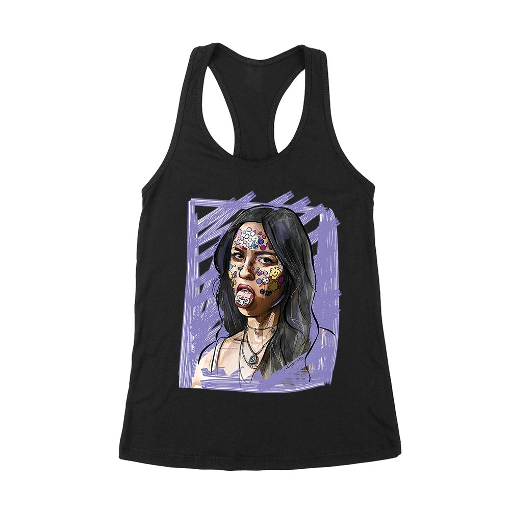 Olr-01_Wrtt-Black.jpg Edgy Olivia Rodrigo T-Shirt With Purple Sketch And Sticker Face Details Women'S Racerback Tank Top – Viva Party