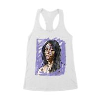 Edgy Olivia Rodrigo T-Shirt with Purple Sketch and Sticker Face Details Women's Racerback Tank Top