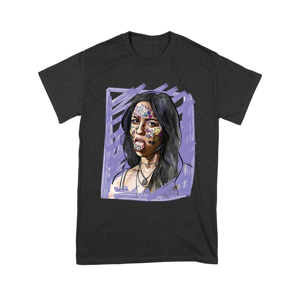 Olr-01_Y-Black.jpg Edgy Olivia Rodrigo T-Shirt With Purple Sketch And Sticker Face Details Unisex Youth – Viva Party