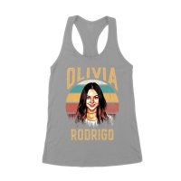 Retro Sunset Stripes Olivia Rodrigo Graphic Tee with Vintage Portrait Women's Racerback Tank Top