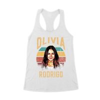 Retro Sunset Stripes Olivia Rodrigo Graphic Tee with Vintage Portrait Women's Racerback Tank Top